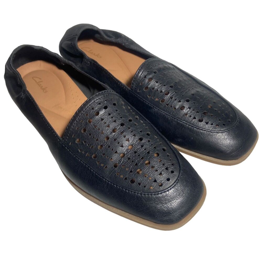 Clarks Loafers Flat Shoes 6.5 Black Perforated Leather Women's Comfort Shoes